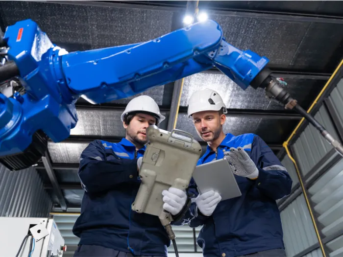 Engineers wearing hardhats using digital control pendant to inspect smart robotic arm system in industrial factory.